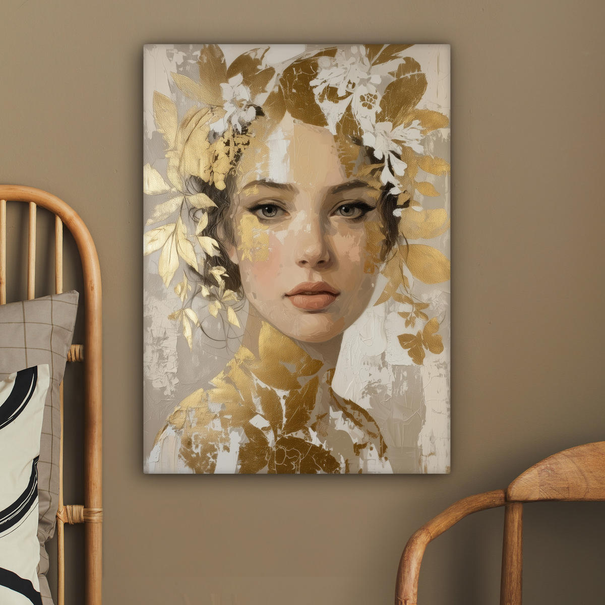 LEINWANDBILD Gesicht - Frau - Blätter - Gold Wandbild Wohnzimmer 60x80 cm - Beige, Textil (60/80cm) - MuchoWow