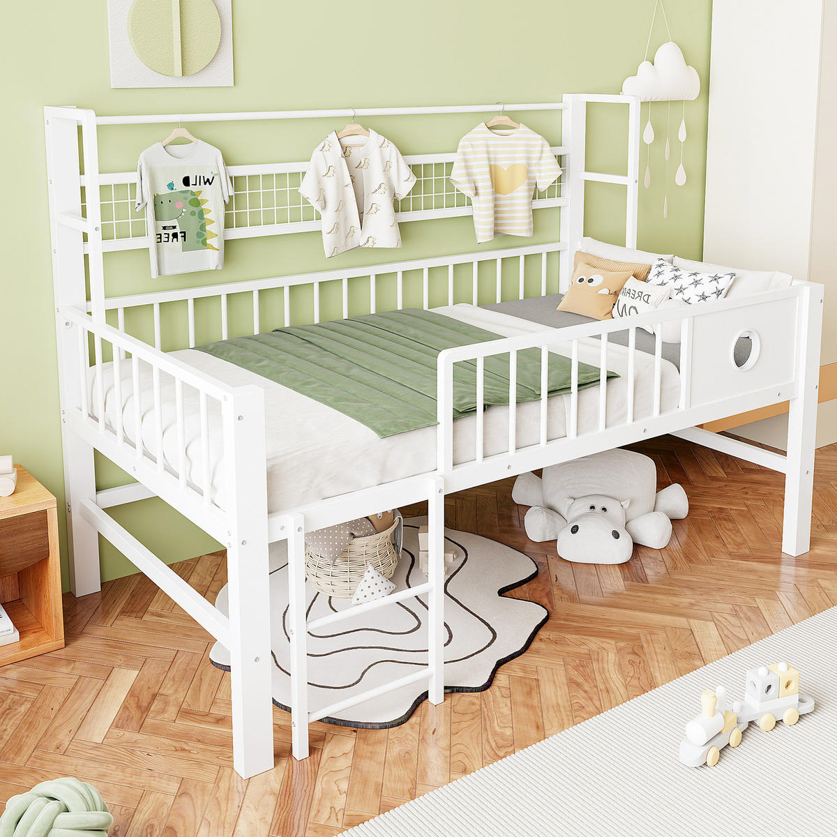 KINDEREINZELBETTEN aus Metall 90x200 cm in Weiß mit Stauraum - Weiß, Metall (90/200cm) - Modfu