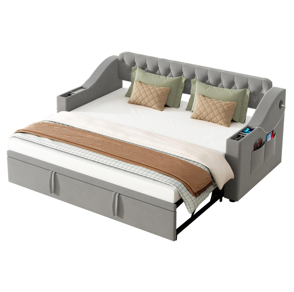 SCHLAFSOFA 90/190 cm mit Ausziehfunktion, USB- und Typ-C-Anschluss sowie Stauraumarmlehnen, Grau - Grau, Textil (98.5/78.5/215cm) - Redom
