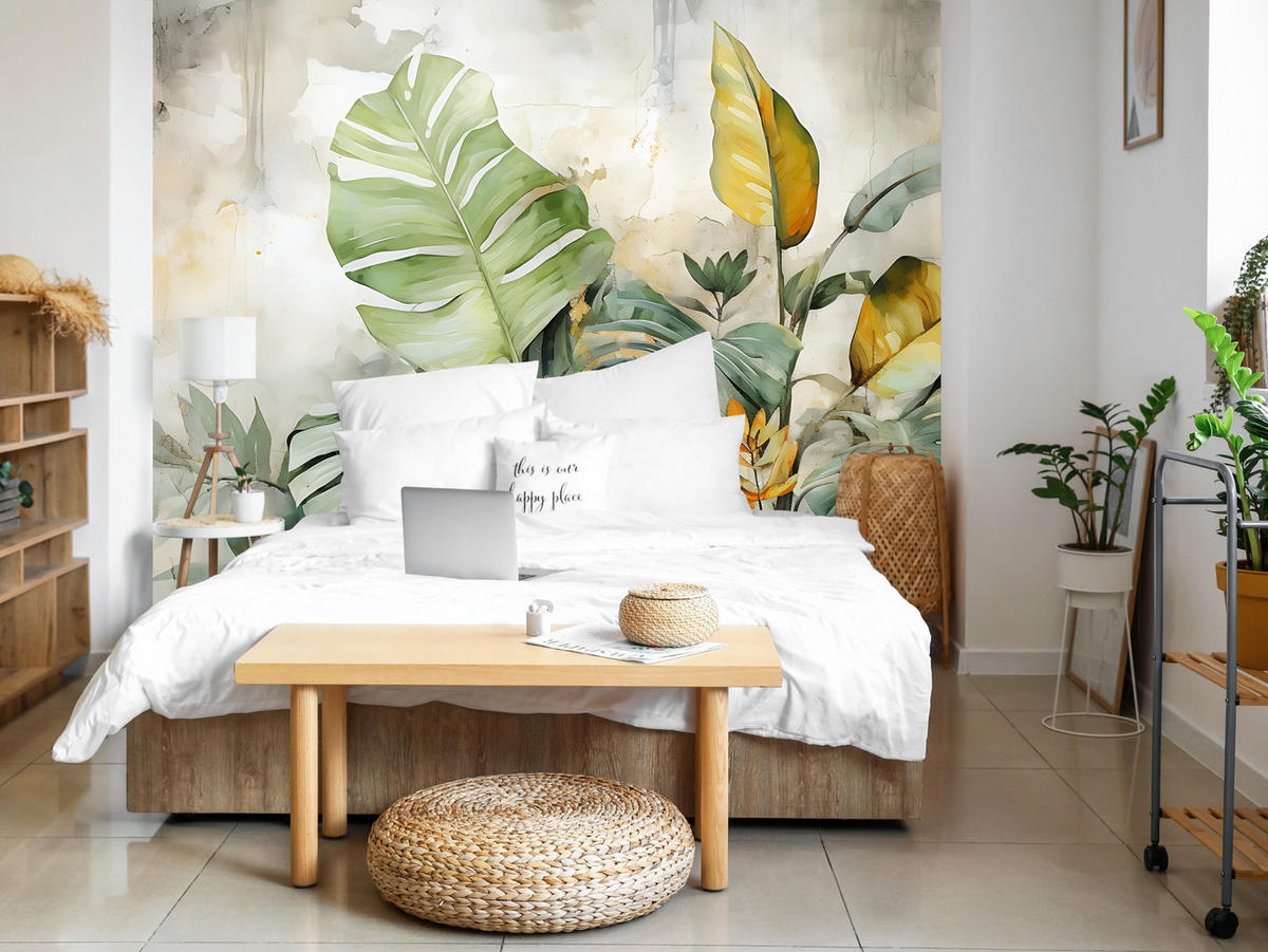 FOTOTAPETE für Wohnzimmer Tropische Blätter Aquarell Abstrakt 150x105 - Gelb/Beige, Papier (150/105cm) - Muralo