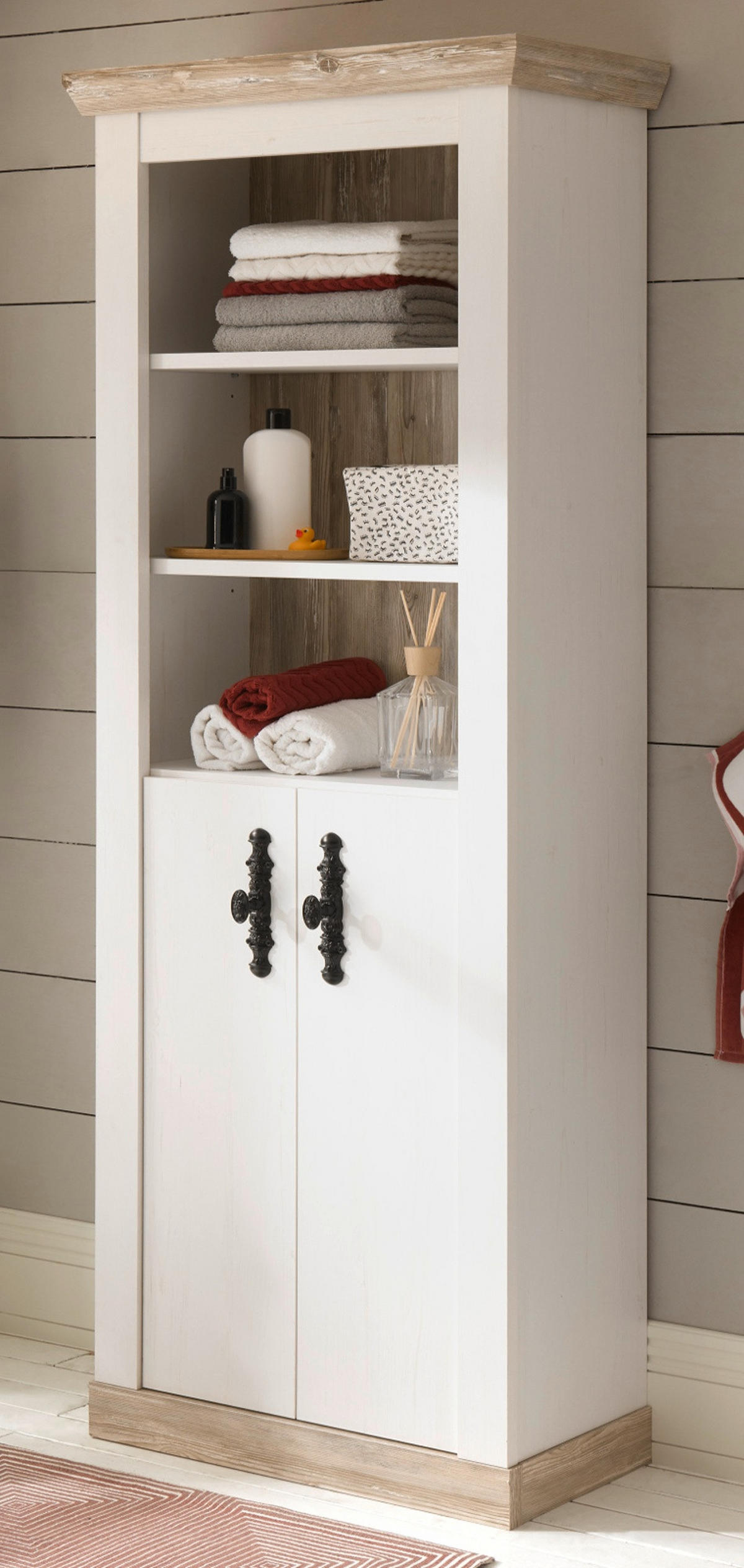 BAD-HOCHSCHRANK Pinie weiß, Oslo Pinie Landhaus, Badschrank, 65 x 200 cm - Dunkelgrau/Weiß, Holzwerkstoff/Metall (65/200/35cm) - Furn.Design