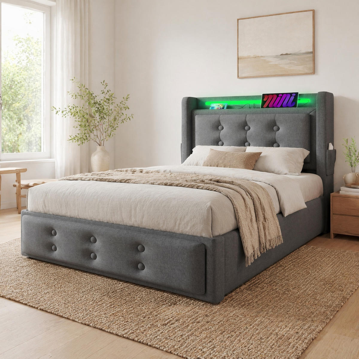 POLSTERBETT 90/200 mit Bettkasten, LED und USB in Grau - Grau, Holzwerkstoff/Textil (90/200cm) - EVRYAE