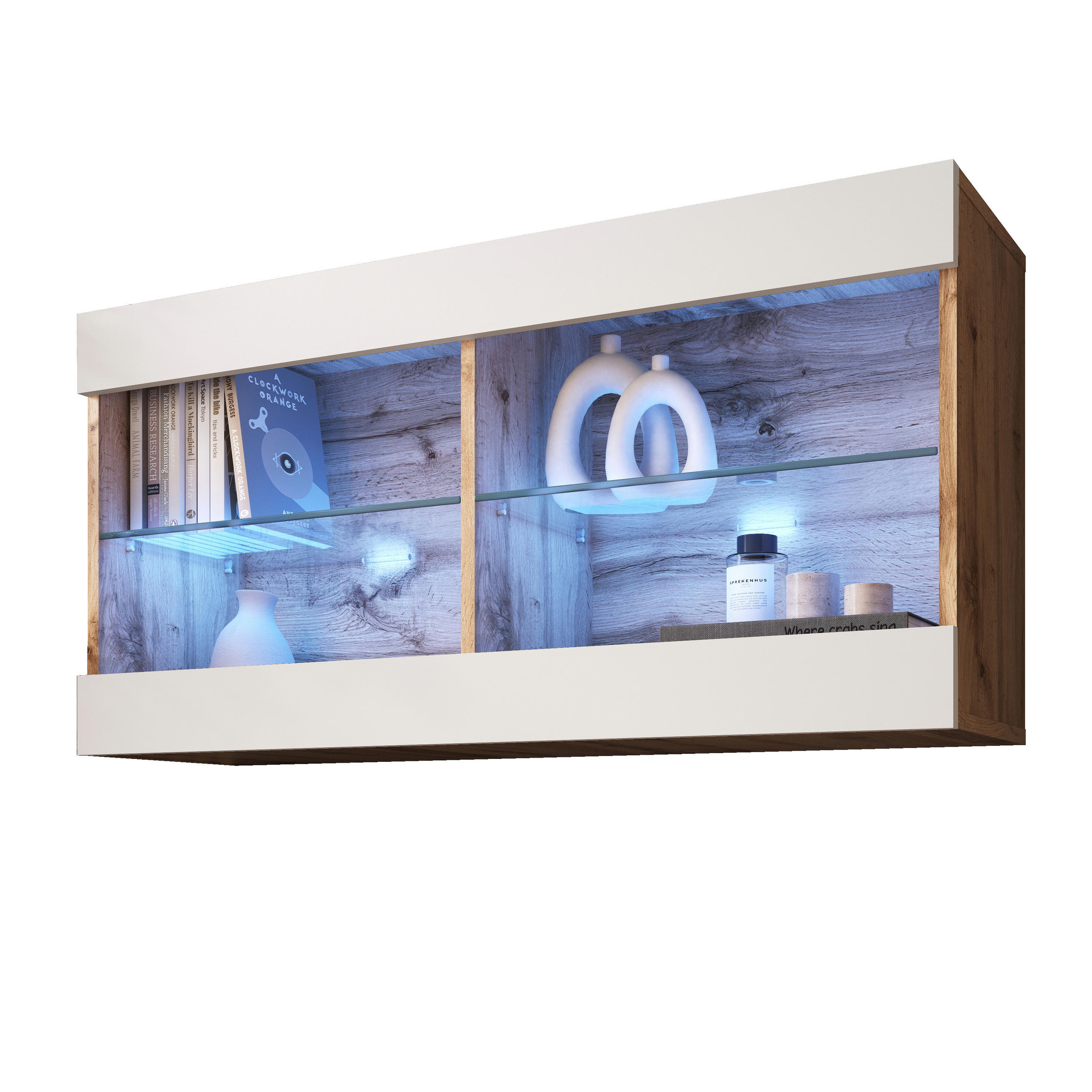 HÄNGEVITRINE TIVOLI HORIZONTAL 100, Weiss, LED Blau - Eiche Wotan/Weiß, Glas/Holzwerkstoff (100/50/29.5cm) - Komodee