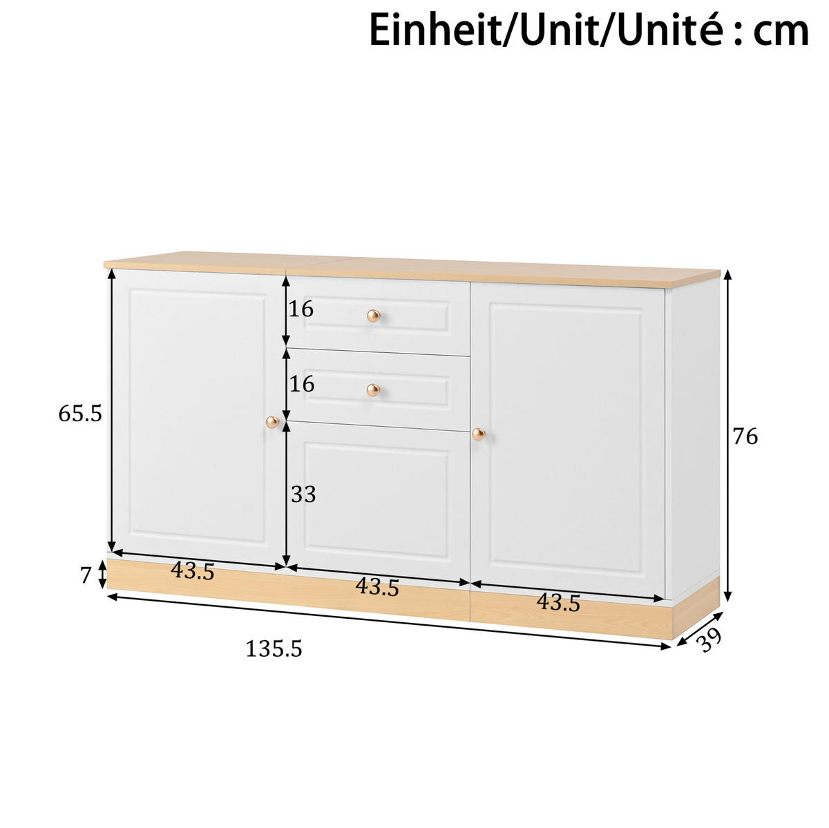 SIDEBOARD 135,5/39/76 cm weiß in Holzoptik aus Spanplatte mit 3 Türen und 2 Schubladen - Weiß, Holzwerkstoff (135.5/76/39cm) - OKWISH