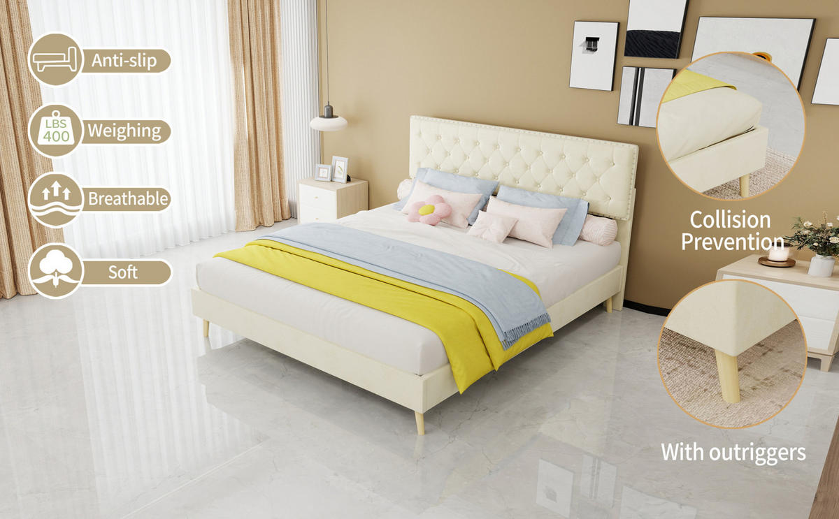 POLSTERBETT 160/200 cm mit hohem Kopfteil, Stauraum unter dem Bett und Matratze, Beige - Beige, Textil (160/200cm) - Redom