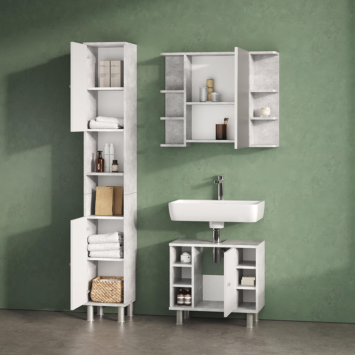BADMÖBEL-SET Fucino Beton 2 Teile - Schieferfarben/Weiß, Holzwerkstoff (60/54/32cm) - Livinity®