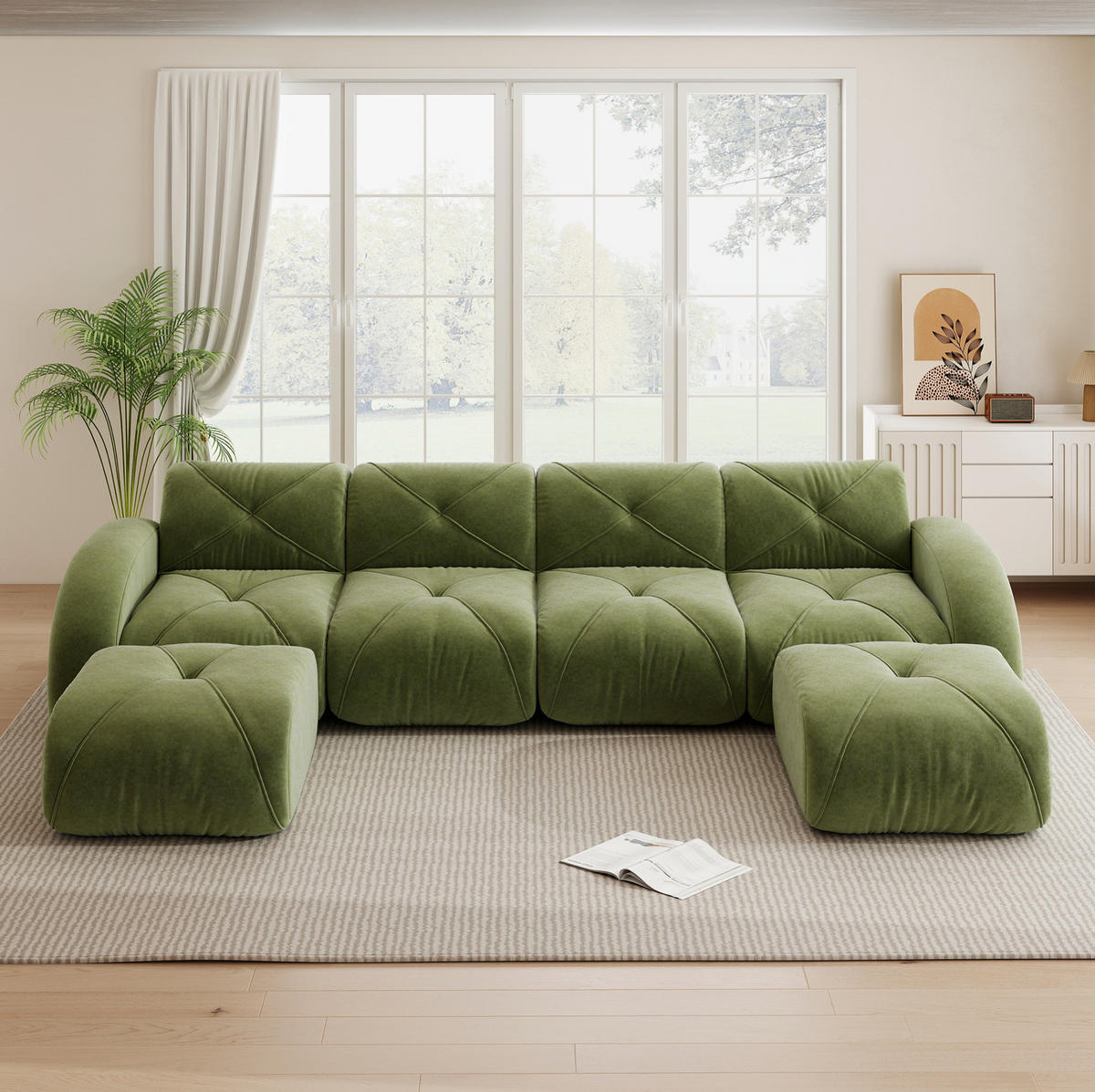 MODULSOFA U-Form 4-Sitzer mit 2 Hockern Chenille Grün - Grün, Kunststoff (171/76/358.1cm) - Meubliv