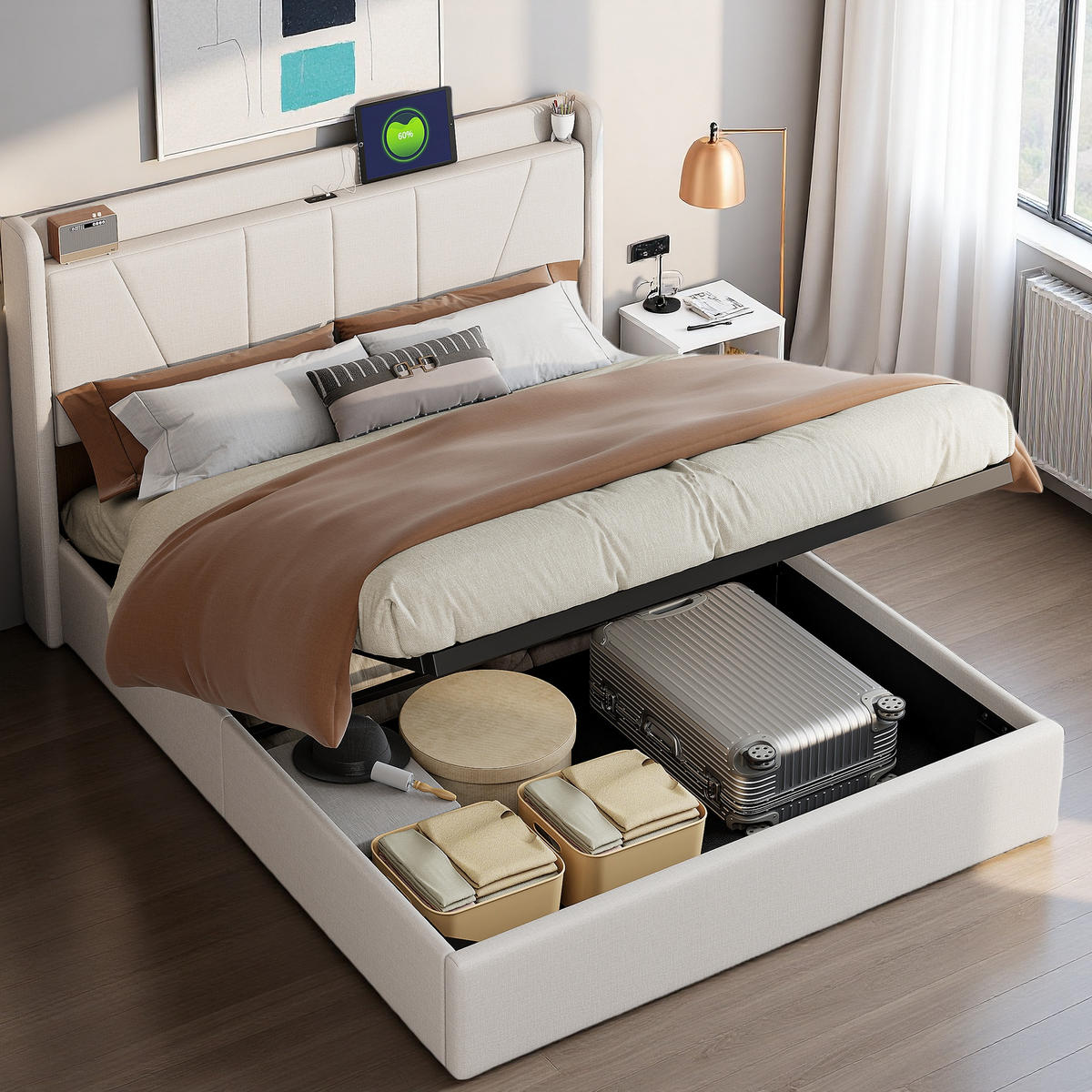 POLSTERBETT 140/200 cm Beige mit Bettkasten und USB-Anschlüssen - Beige, Holz (140/200cm) - SHOPENTRA