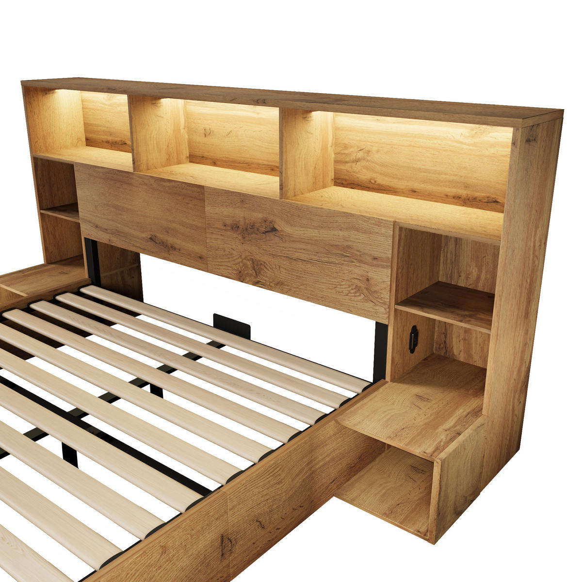 STAURAUMBETT 160/200 cm DE-00801, in Eiche, Hydraulik und Nachttischen - Eichefarben, Holz (160/200cm) - ComfortXL