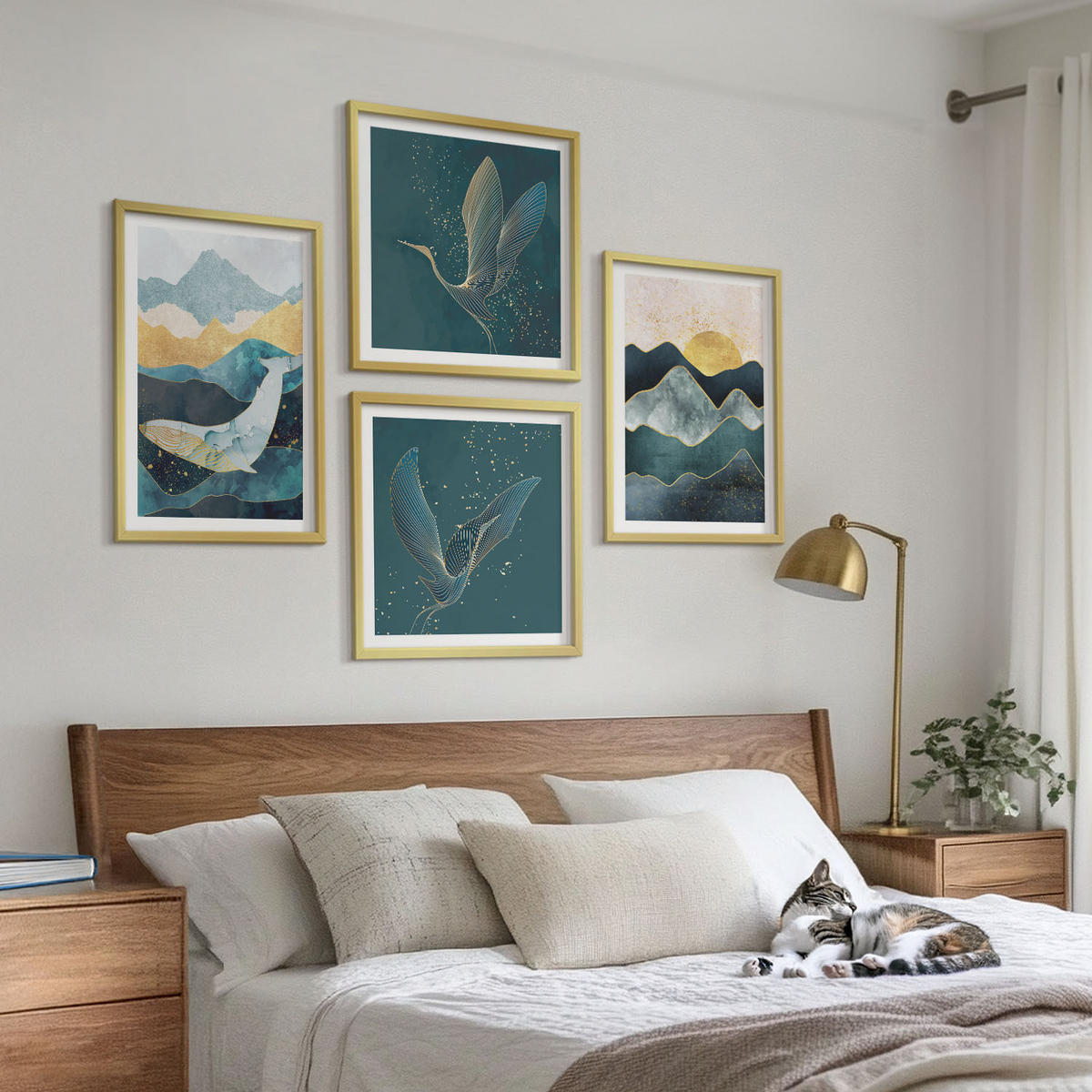 BILDER SET 4er Set - 50x50 cm & 40x60 cm Goldrahmen - Abstrakte Kranichberge - Goldfarben, Kunststoff (50/50cm) - TULUP