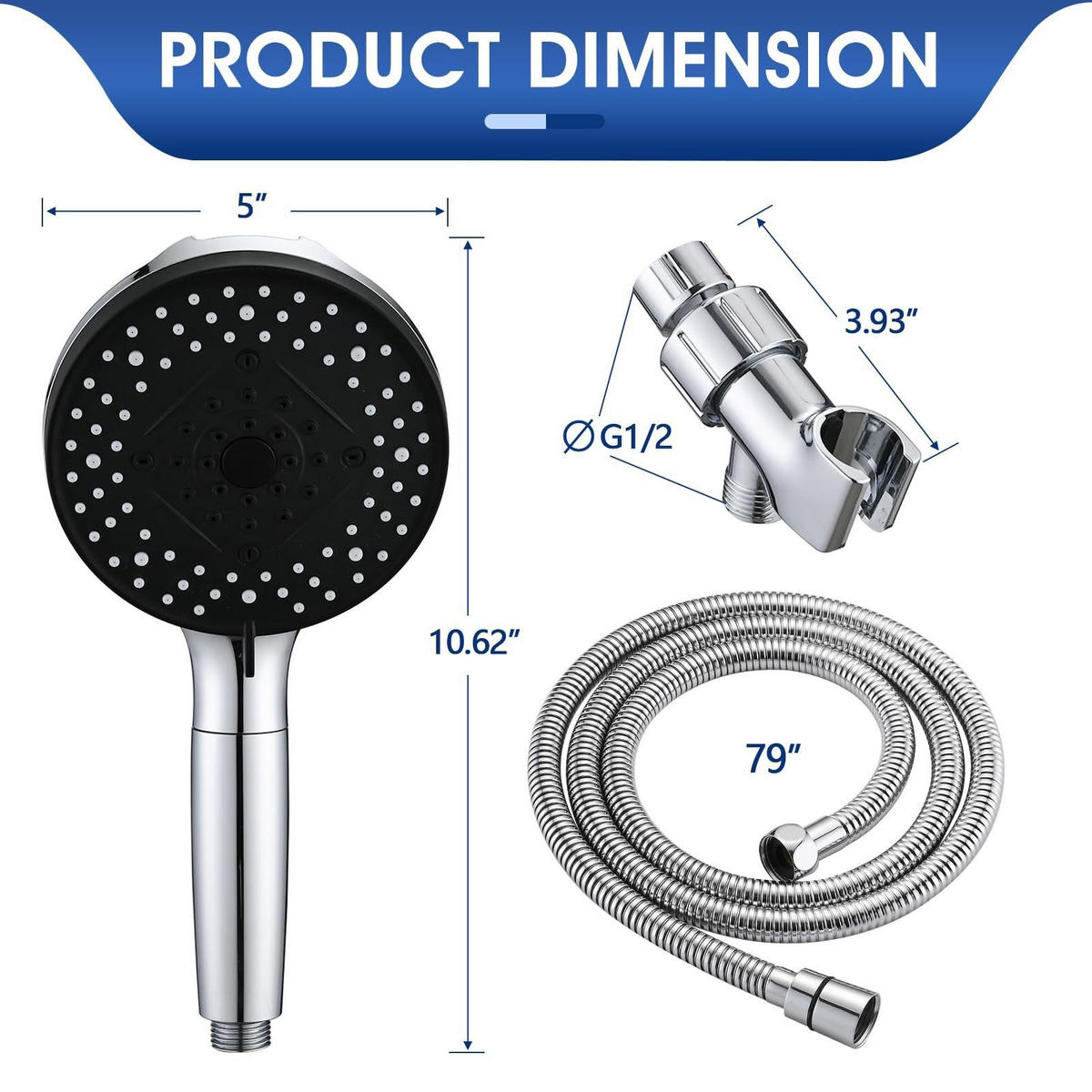 DUSCHKOPF – silber – passend für 1/2-Zoll-Anschluss, inklusive 150 cm Schlauch und Halterung - Silberfarben, Kunststoff (28.5cm)