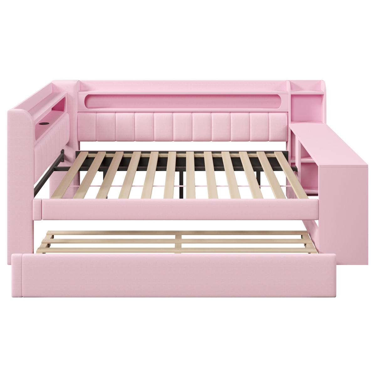 POLSTERBETT 140/200 cm mit LED-Beleuchtung, USB und Ausziehbett in Rosa - Rosa, Holzwerkstoff (140/200cm) - BEAOK