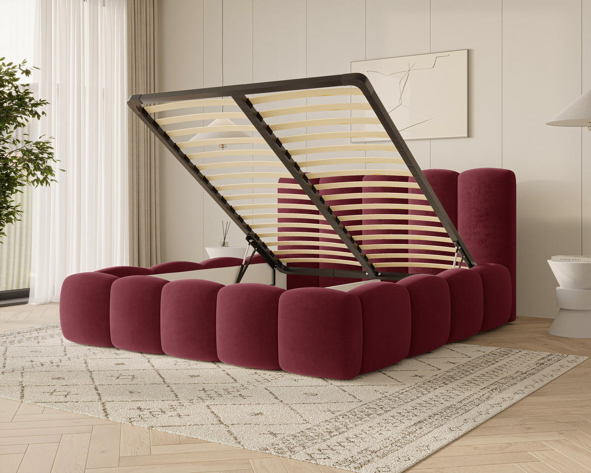 POLSTERBETT 18 - 140x200 cm – Riviera – Gepolstertes Bett mit Metall-Lattenrost - Bordeaux, Holz (140/200cm) - ROYAL24_MARKT