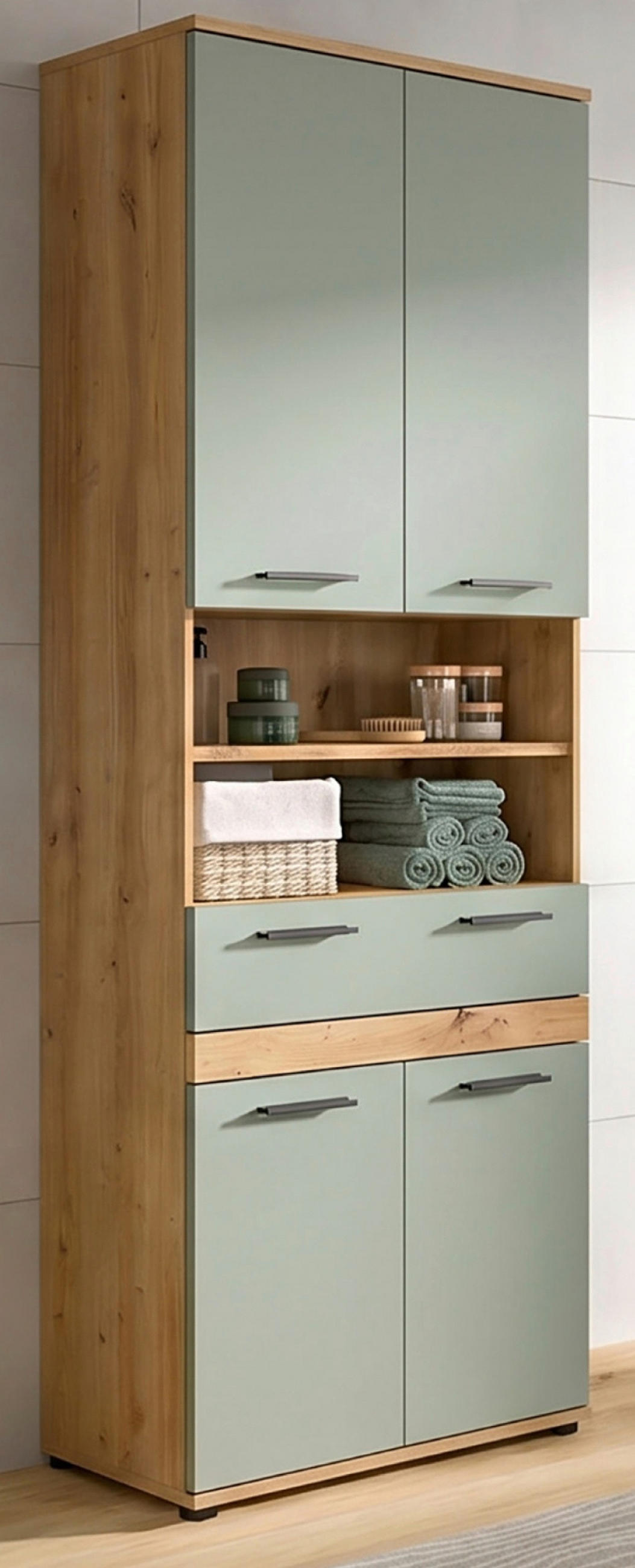 HOCHSCHRANK Salbei, Artisan Eiche 70 x 191 cm, Badschrank mit viel Stauraum - Salbeigrün/Schwarz, Holzwerkstoff/Kunststoff (70/191/31cm) - Inn.Furn
