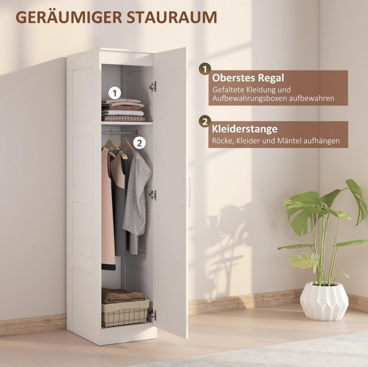 KLEIDERSCHRANK aus Holz 40x52x180 cm Weiß mit Kleiderstange, Fachboden und Soft-Close-Tür - Weiß, Holzwerkstoff (52/180/40cm) - Modfu