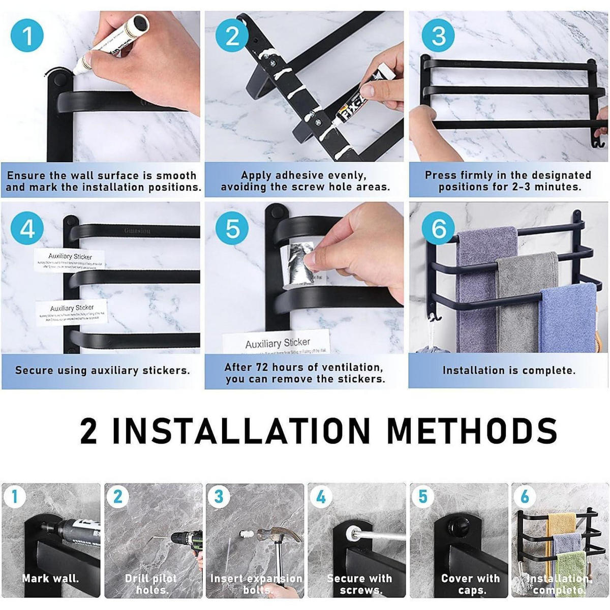 HANDTUCHHALTER Aluminium 3-Stöckig Wandmontage Schwarz 70 cm - Schwarz, Metall (20/40/80cm)