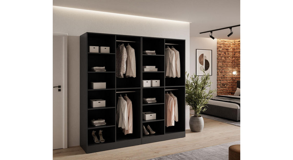 KLEIDERSCHRANK SANDBOX LOFT 200 202/49/200 cm Schwarzgraphit / Schwarzgraphit + Eiche Wotan mit LED ohne Zusatzböden - Eiche Wotan/Schwarz, Holzwerkstoff/Kunststoff (202/200/49cm) - Lookway