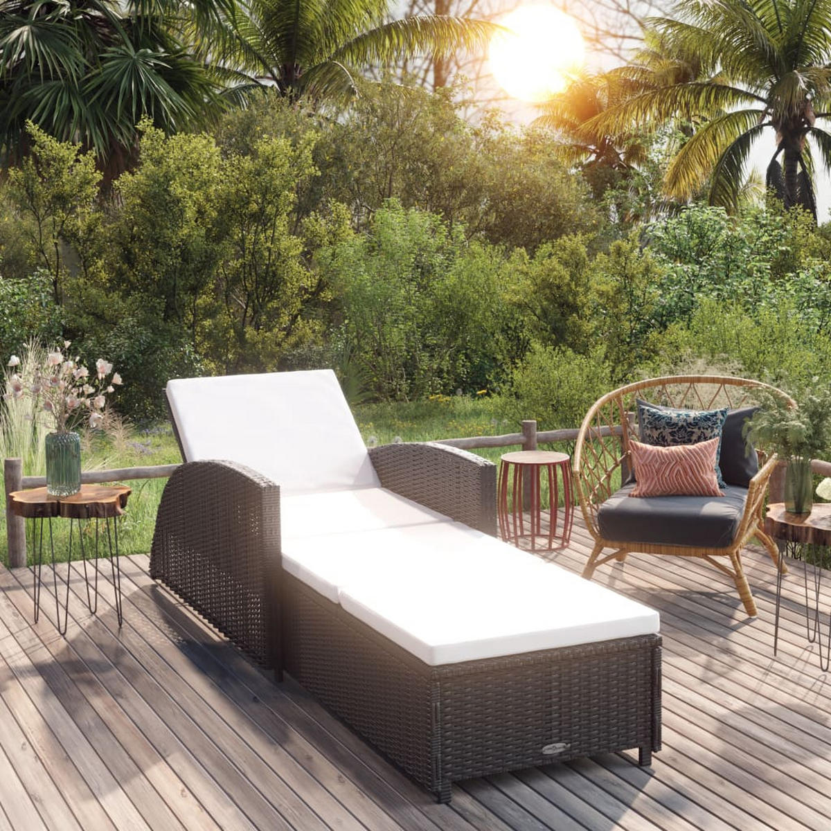 SONNENLIEGE mit Cremeweißer Auflage Poly Rattan Schwarz - Schwarz, Kunststoff (67/67/201cm) - furnicato