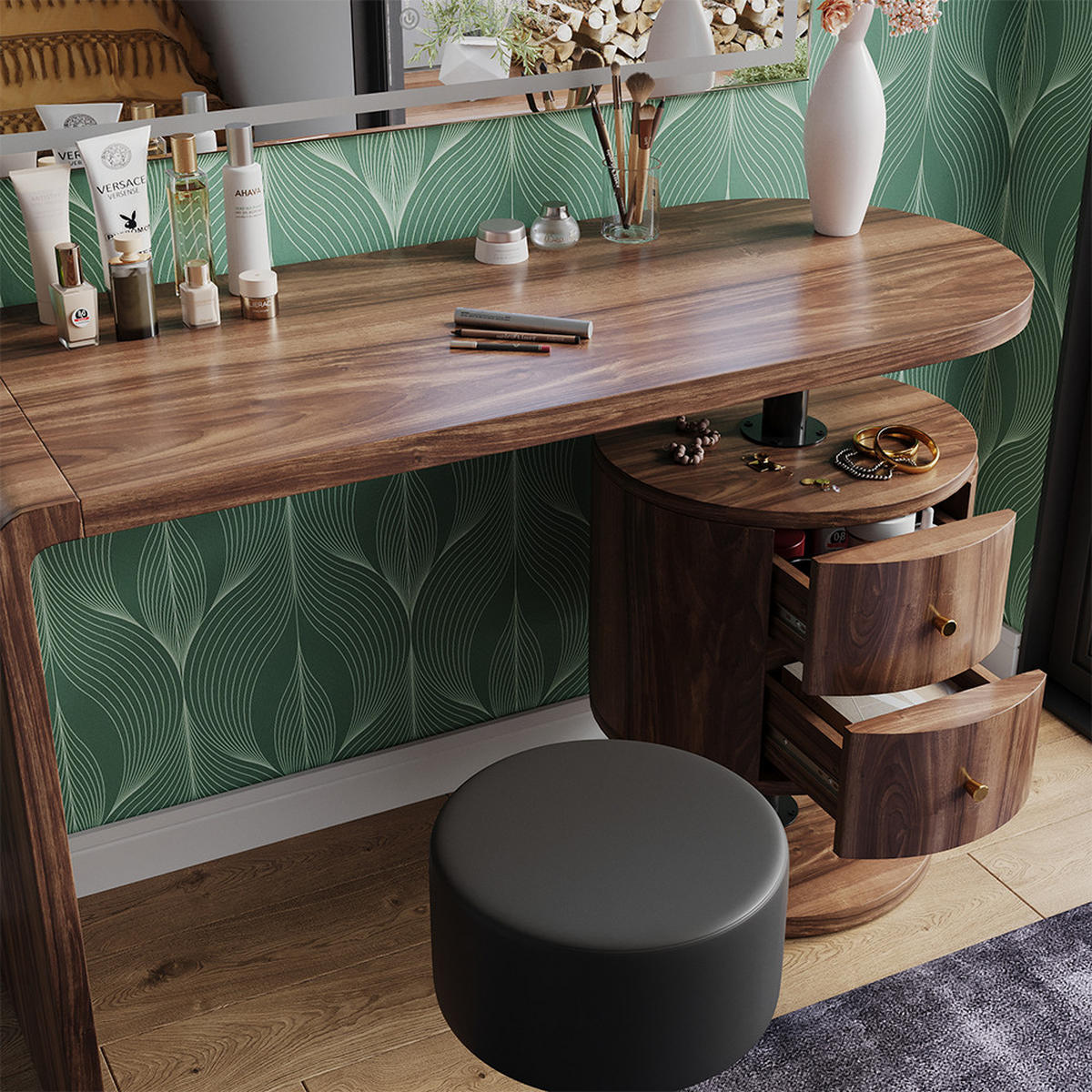 SCHMINKTISCH Lara Eiche rustikal 120 cm mit LED-Spiegel und Hocker - Wildeiche, Holzwerkstoff (120/76/50cm) - Vicco