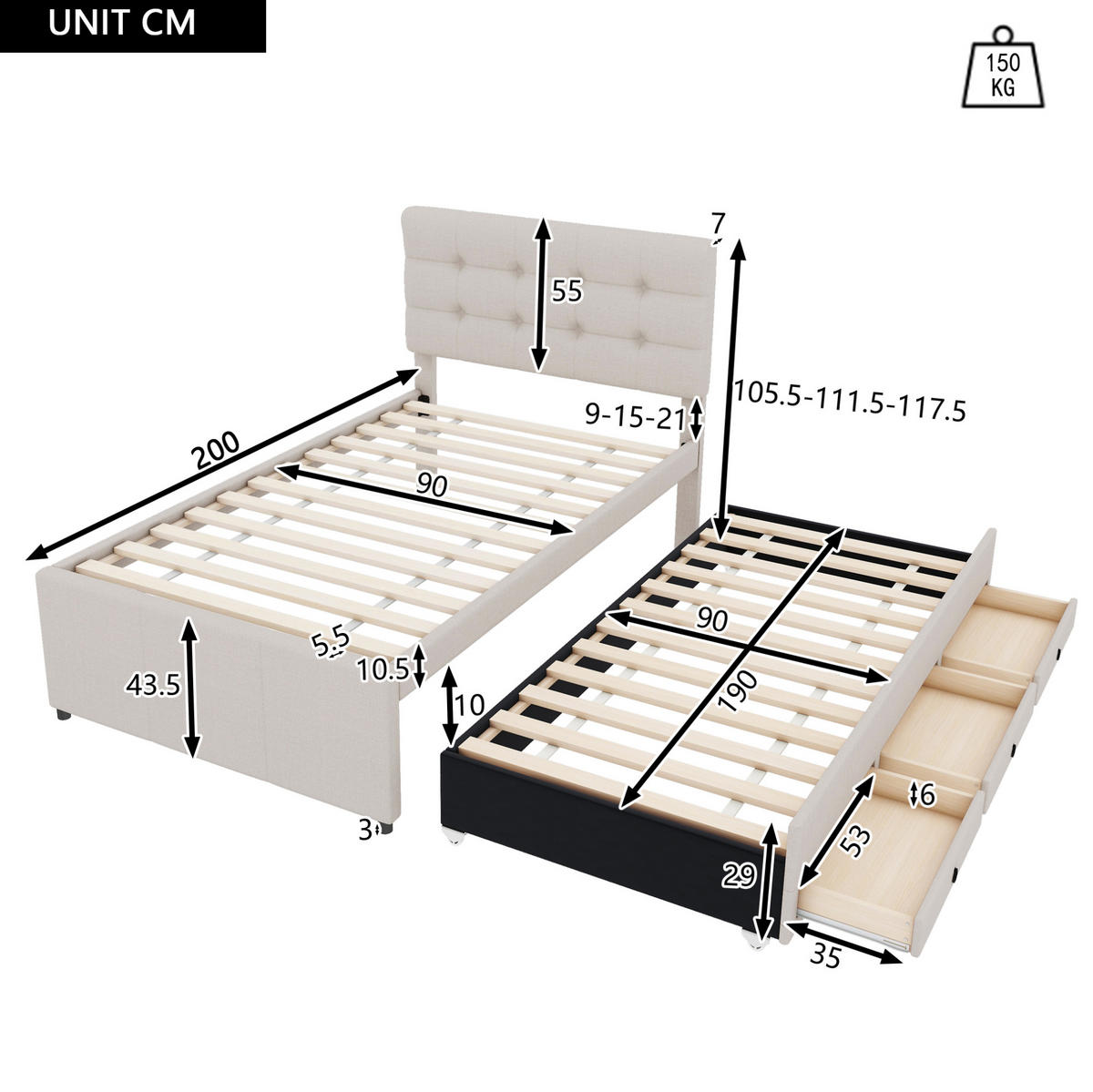 BETT mit Ausziehbett und 3 Schubladen 90x200 cm Leinen Beige - Beige, Holz (90/200cm) - Meubliv