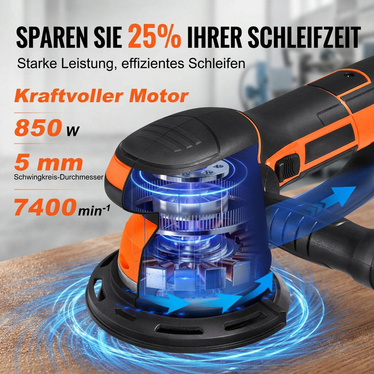 SCHLEIFMASCHINEN UND ZUBEHÖR 11-tlg 150mm Exzenterschleifer 850W 6-Stufen mit Staubabsaugung - Orange, Metall (20/30/10cm) - Raelunyi