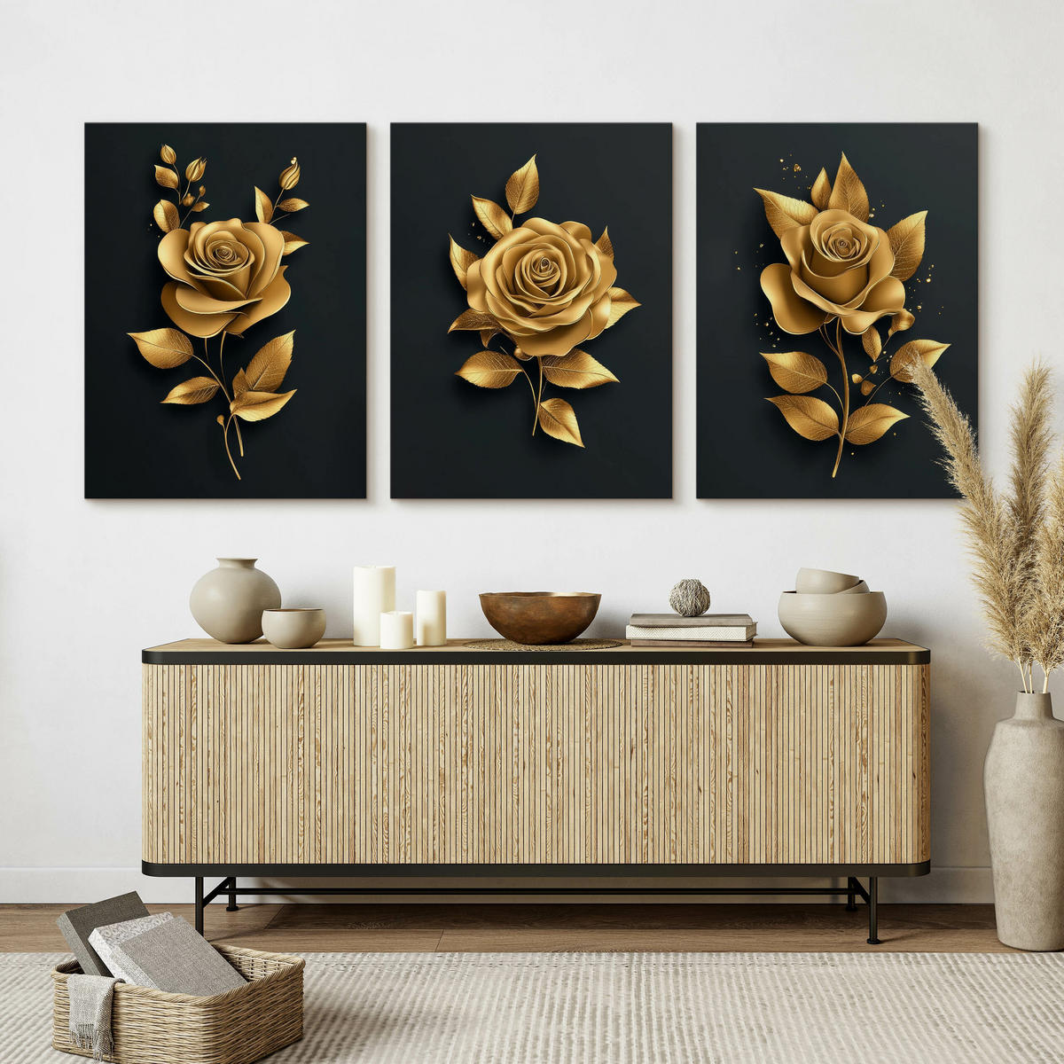 LEINWANDBILDER 3-es Set Rosen Blumen 3D - Beige/Schwarz, Textil (90/40cm) - Muralo
