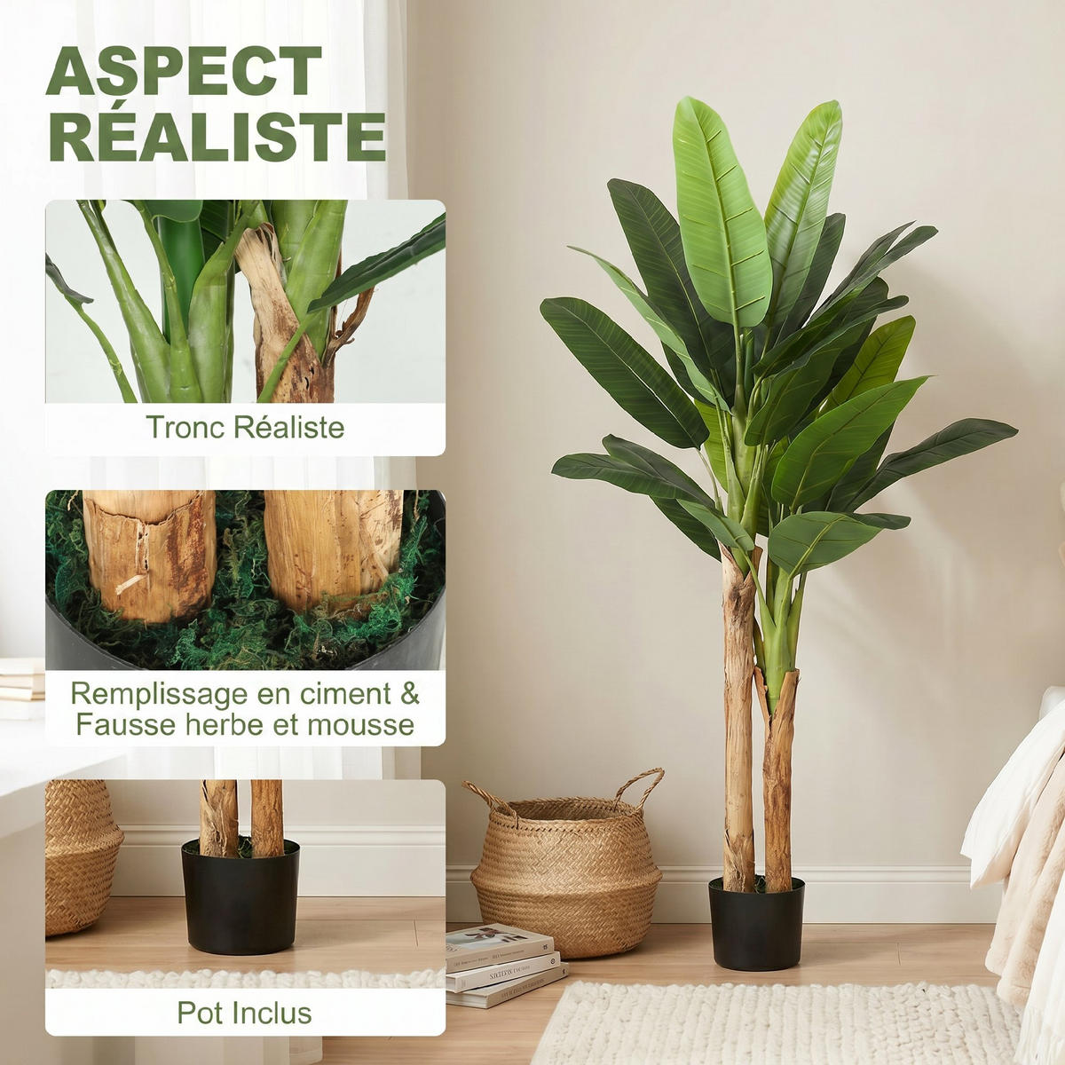 PFLANZENSET Grün Bananenbaum realistisch mit Topf 150 cm (2er-Set) - Grün, Kunststoff (150cm) - PANGIVO