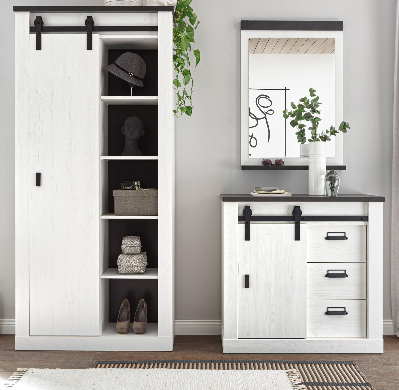 GARDEROBEN-SET 3-teilig weiß Pinie, anthrazit Landhaus, Garderobenkombination 206 x 201 cm - Anthrazit/Weiß, Holzwerkstoff/Metall (206/201/43cm) - Furn.Design