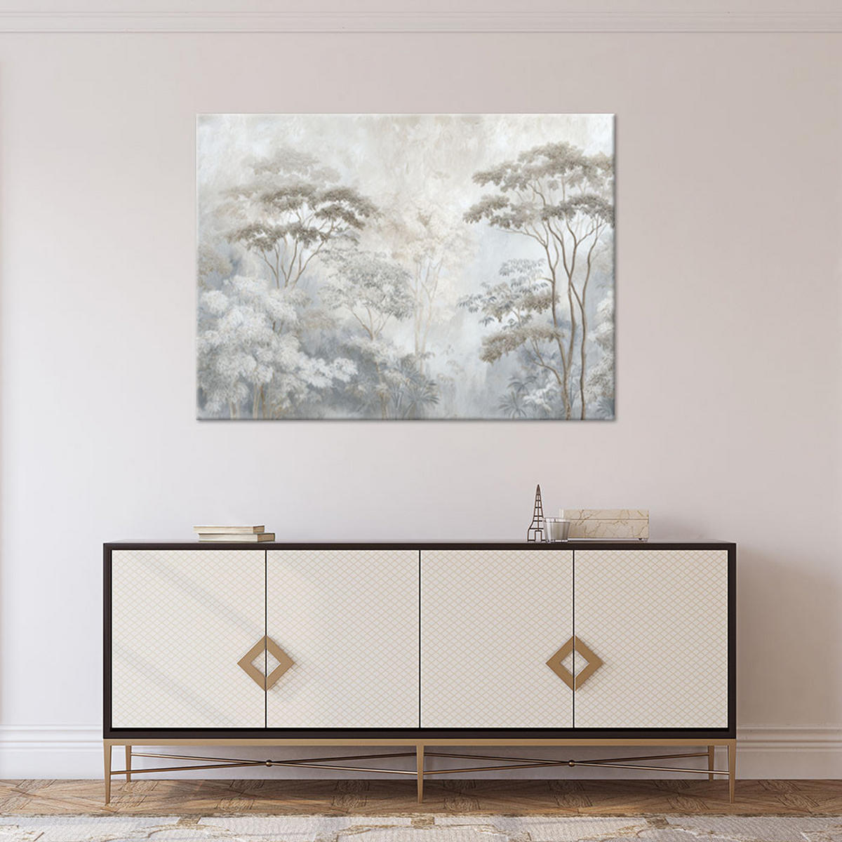 BILD auf Leinwand, Eine neblige Waldlandschaft in zarten Beigetönen - Grau, Textil (45/30cm) - Feeby