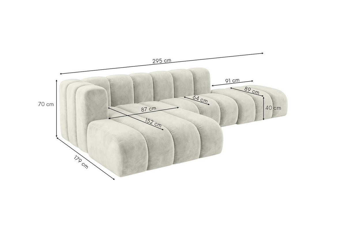 ECKSOFA Modulares In L-Form Mit Hocker, Velvet-Stoff Riviera, Ecru, Links, GRAND Mini - Creme, Holz (295/179cm) - Kaiser Möbel