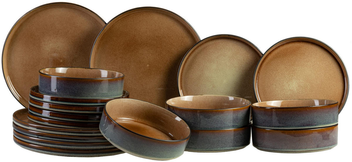 GESCHIRRSET Quintana Amber 18-teilig - Braun, Keramik (2/2/1cm) - Cosy & Trendy