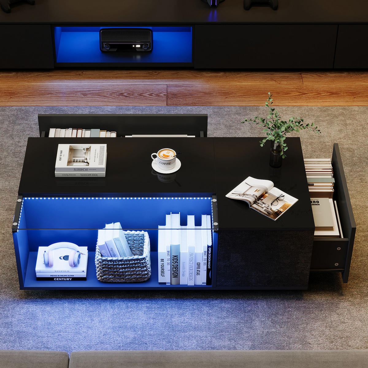 COUCHTISCH 100X50X35 cm LED Glas mit Stauraum und Schubladen - Schwarz, Holz (111.13/62.23/35cm) - FLIEKS