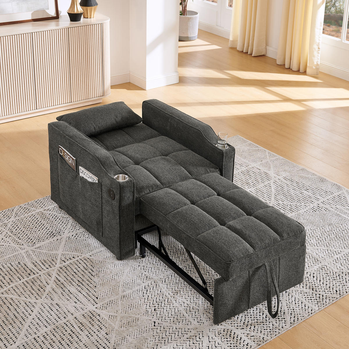 RELAXSESSEL 190/85/86 cm Dunkelgrau mit USB-/Typ-C-Anschluss und Seitentasche - Dunkelgrau, Textil (190/86/85cm) - Oxeza