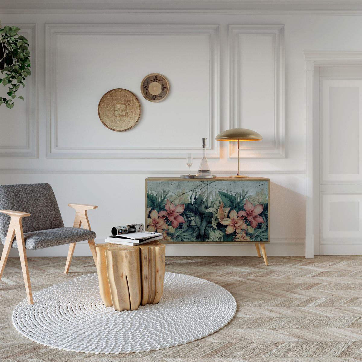 SIDEBOARD HEAVENLY BLOOM, Graue Oberfläche, 111x42x57,5 cm, 2 Türen - Grau, Holzwerkstoff (111/57.5/42cm) - SpaceRebels