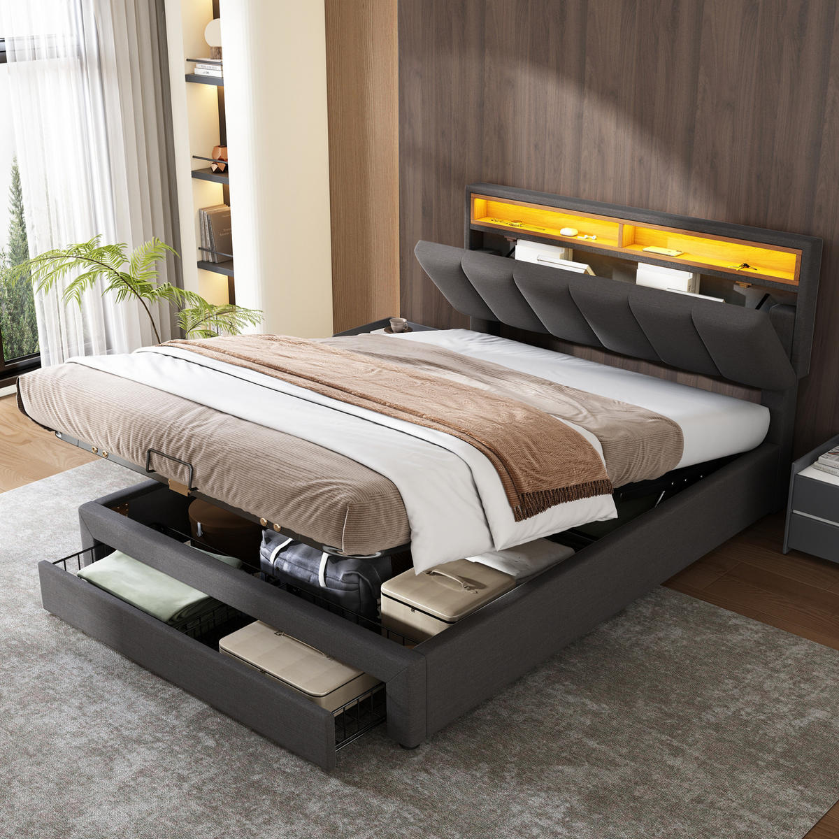 POLSTERBETT aus Leinen, Stahl und MDF 140x200 cm Grau mit LED-Beleuchtung und Stauraum - Grau, Textil (140/200cm) - IVMEU