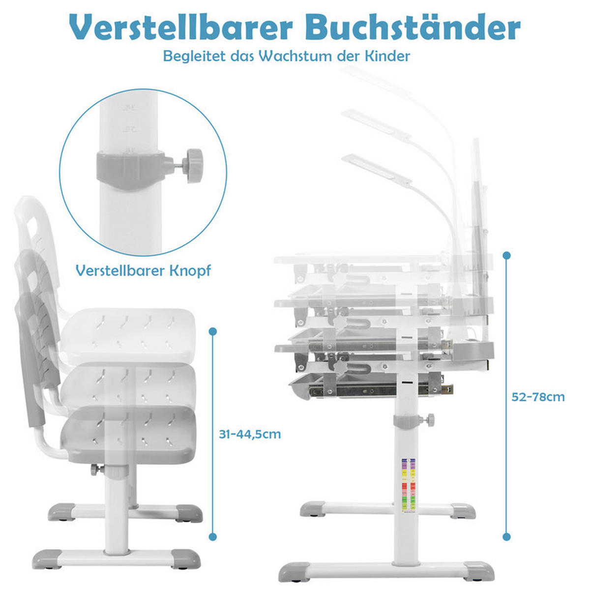 KINDERSCHREIBTISCH mit Bücherregal grau(2-tlg) - Grau, Metall (71/52/49cm) - COSTWAY