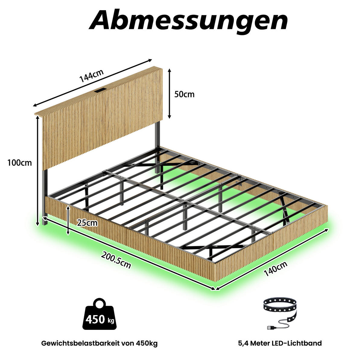 ETAGENBETT 140/200 cm aus Metall und Spanplatte mit LED, Natur - Naturfarben, Metall (140/200cm) - OKMYHOME