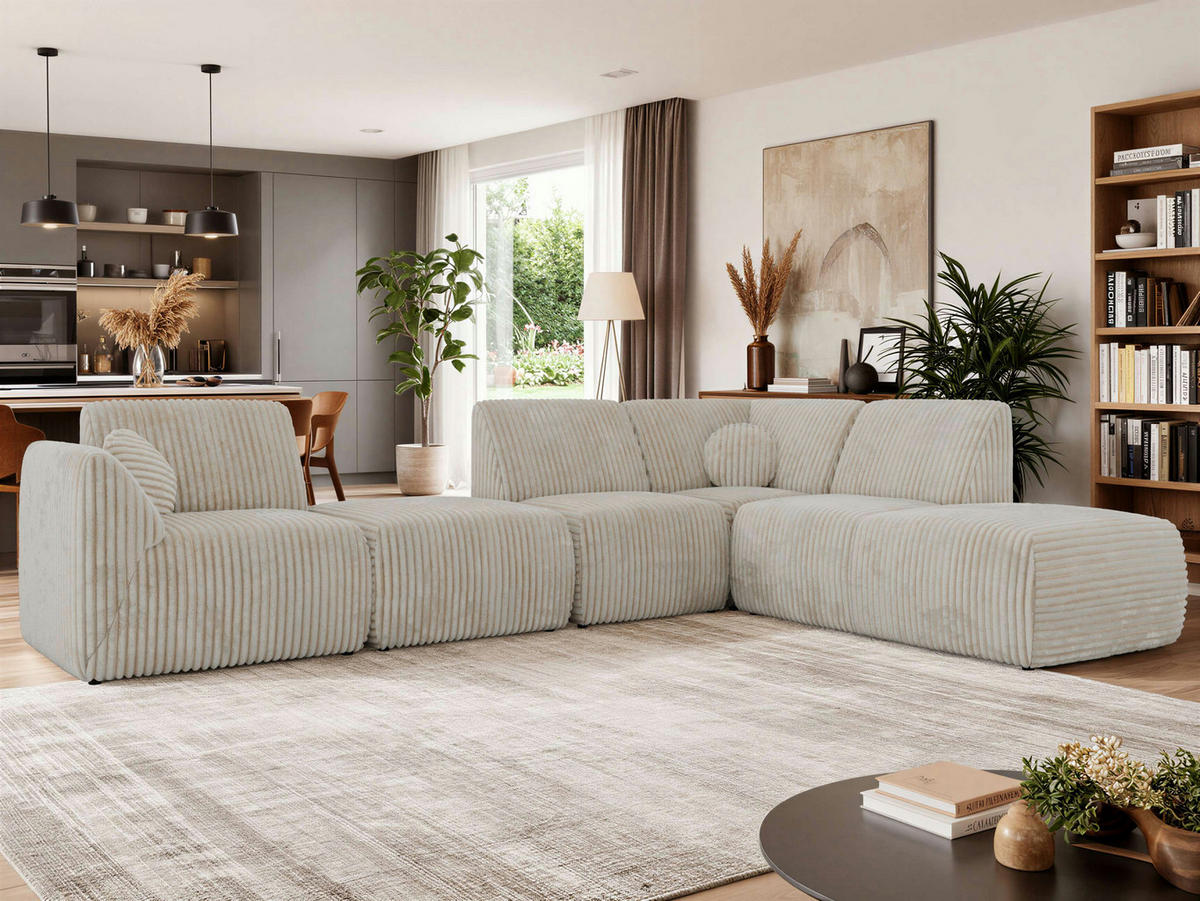ECKSOFA NOARA 6M L Beige Cord - Rechts - Beige/Schwarz, Kunststoff/Textil (355/244cm) - MKS