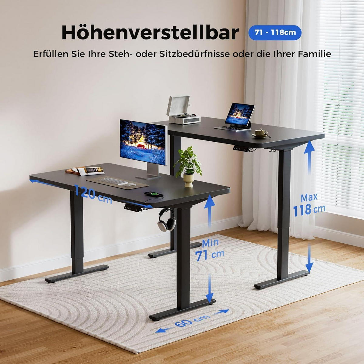 SCHREIBTISCH höhenverstellbar 120 x 60 cm Schwarz - Schwarz, Holz (120/60/75cm)