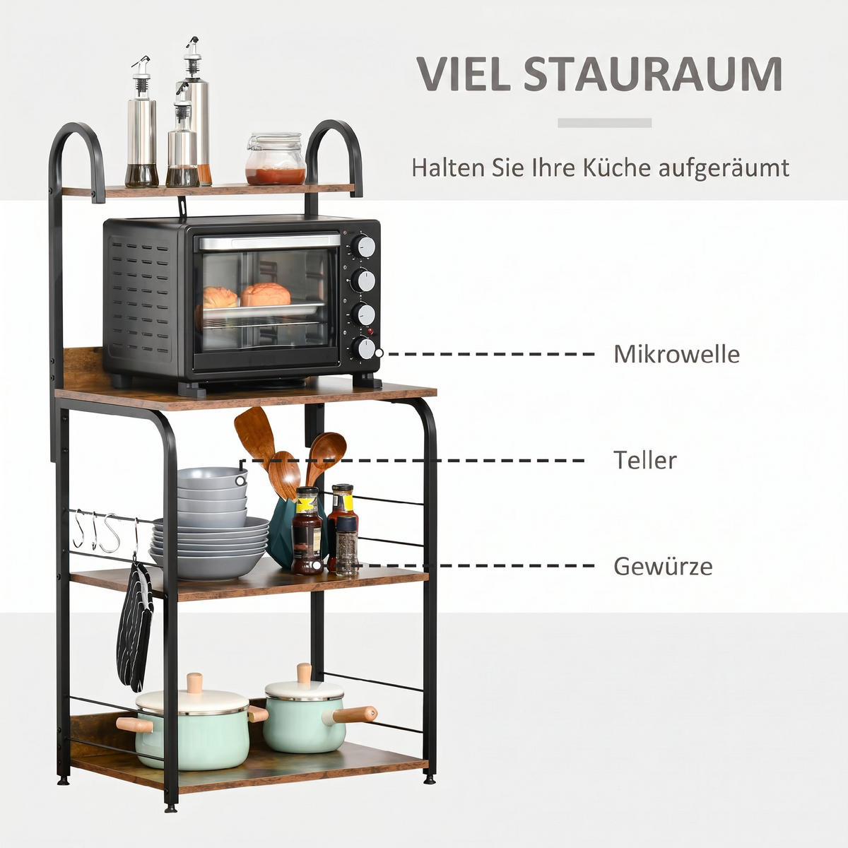 KÜCHENREGAL Holzwerkstoff, Stahl Rustikal-Braun - Braun, Holzwerkstoff (40/125/60cm) - HOMCOM