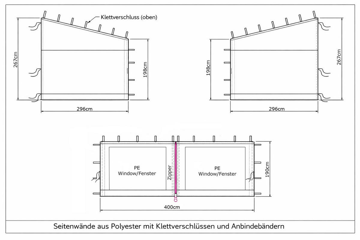 3 Seitenteile Anbaupergola Alu Optik 3x4m Anthrazit - Anthrazit, Textil (400/300cm) - QUICK STAR