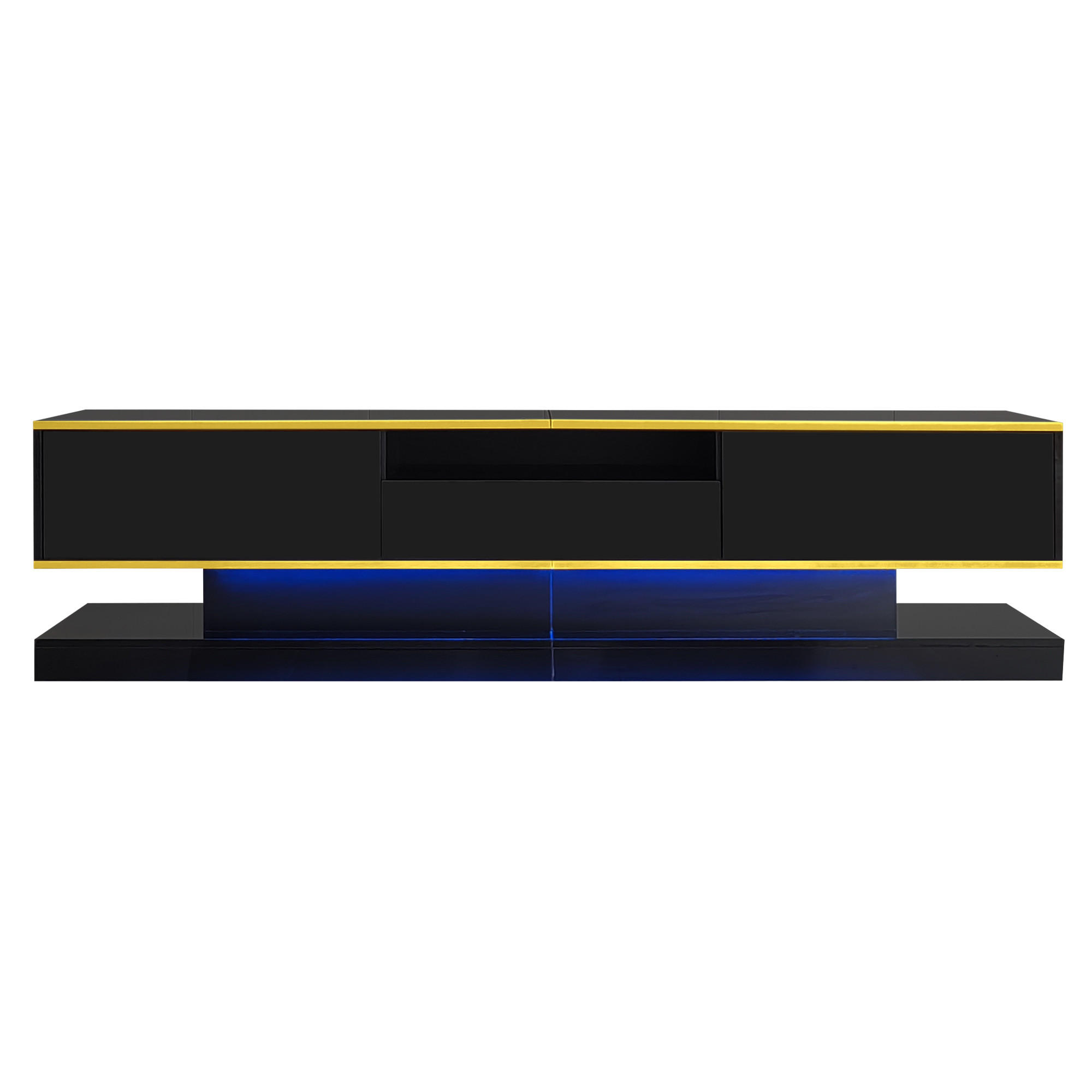 TV Lowboard LED 180x38x45 cm, 3 Schubladen, offenes Fach, Schwarz - Schwarz, Holz (180/45/38cm)