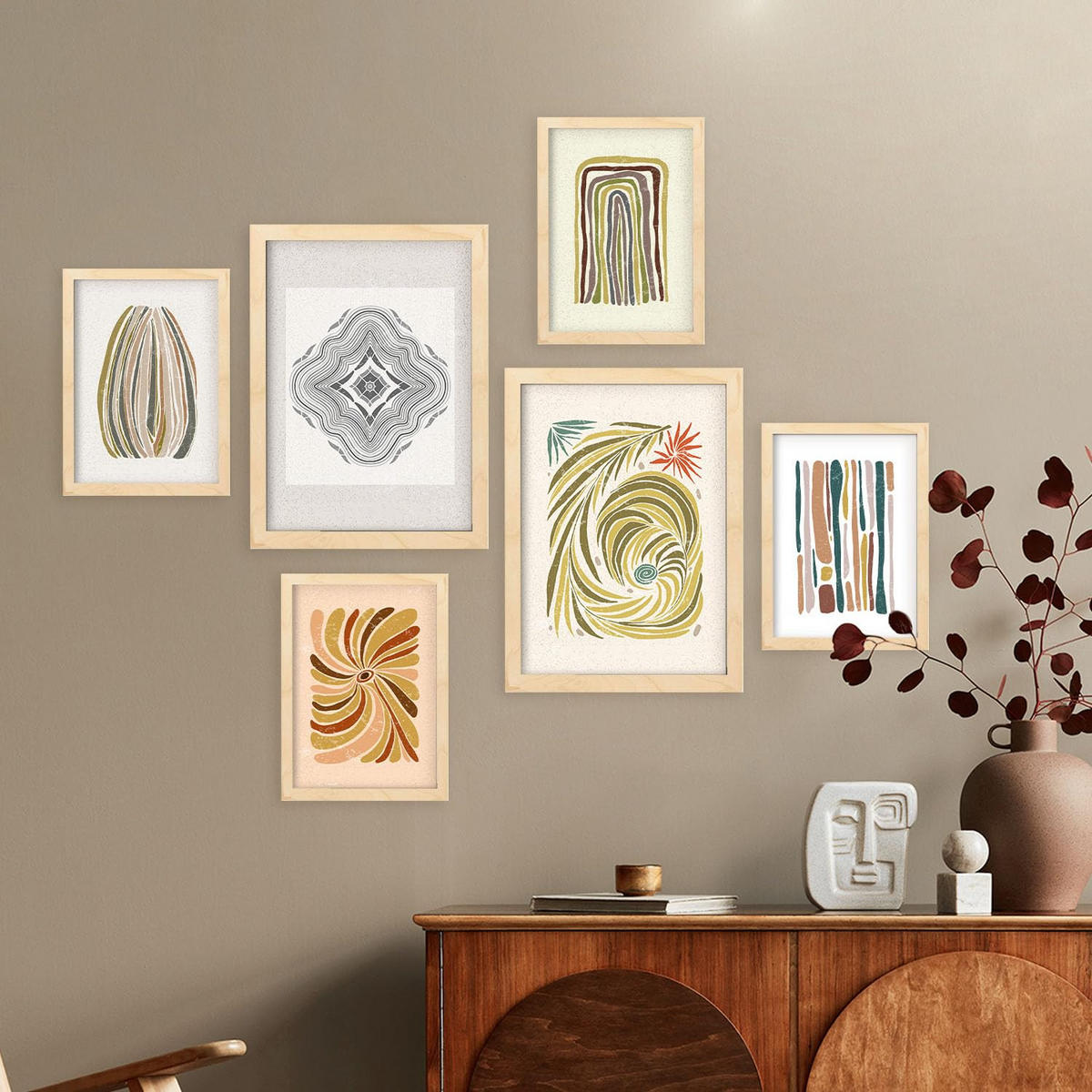 POSTER Set Mit 6 Drucken Von Linien In Der Sammlung Von Ethnischenen Ästhetische Dekorative Für Zuhause Wandkunstdruck A3 & A4 Rahmen Aus Hellem Holz - Beige, Papier (29/3cm) - Nacnic