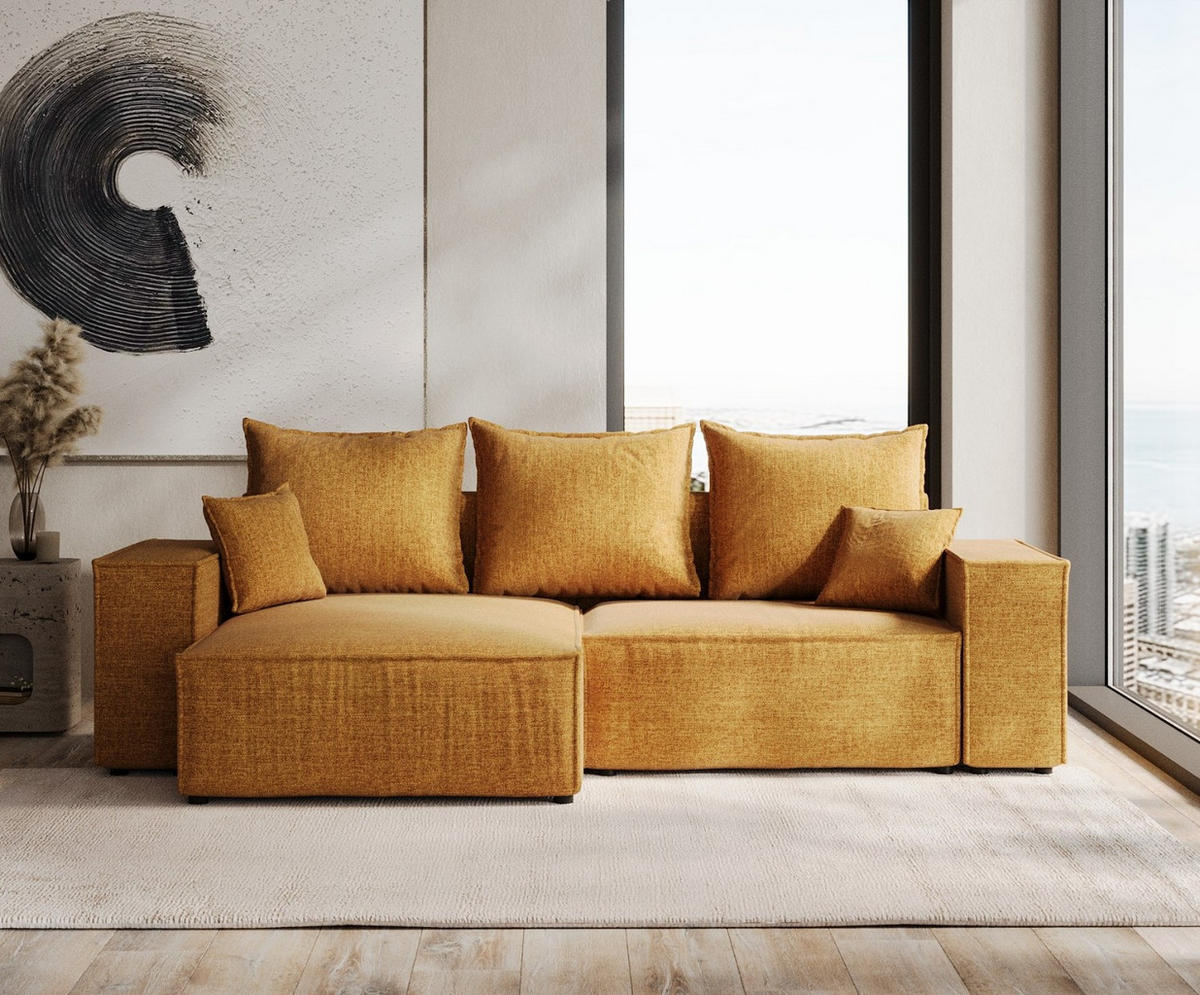 ROHOVÁ SEDAČKA SENSO, textil, Medově žlutá - černá/med, dřevo/kompozitní dřevo (255/148cm) - AltaBeds