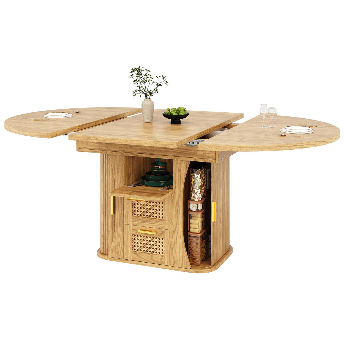 ESSTISCH Ausziehbar 118-158Cm Stauraum Rattan Schwarz - Naturfarben, Holzwerkstoff (118/118/77.1cm) - FLIEKS