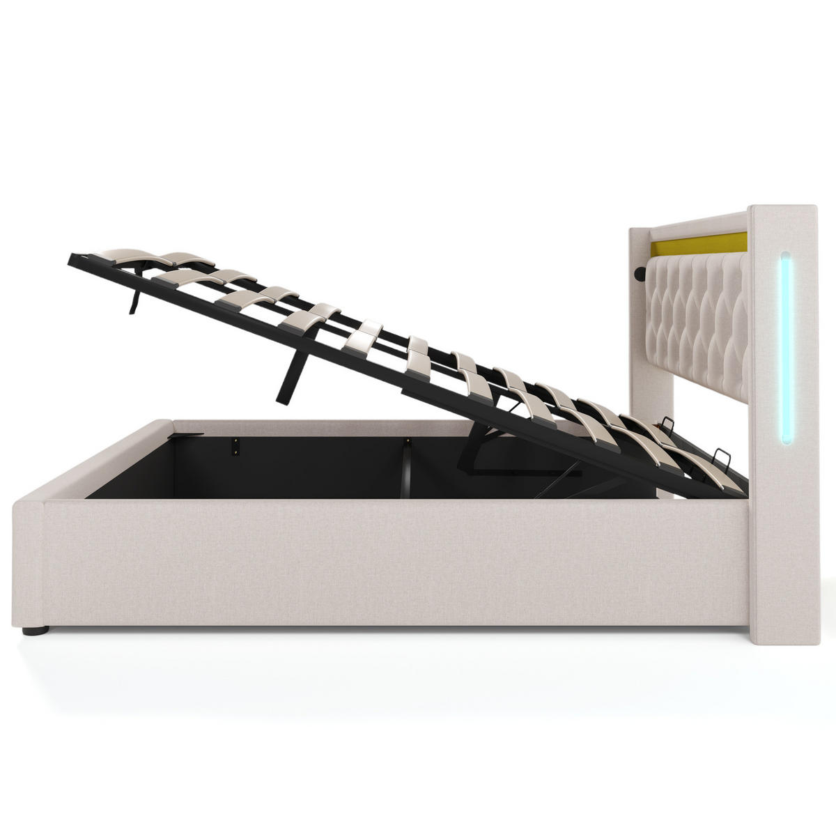 POLSTERBETT 140/200 cm Beige LED mit Stauraum und USB-Anschlüssen mit Matratze - Beige, Textil (140/200cm) - OKWISH