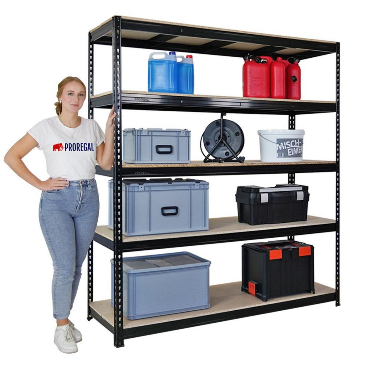 SCHWERLASTREGAL Bison 200x200x60 cm 5 Spanplatten-Ebenen 16mm Fachlast 600 kg Schwarz - Schwarz, Metall (200/200/60cm) - PROREGAL