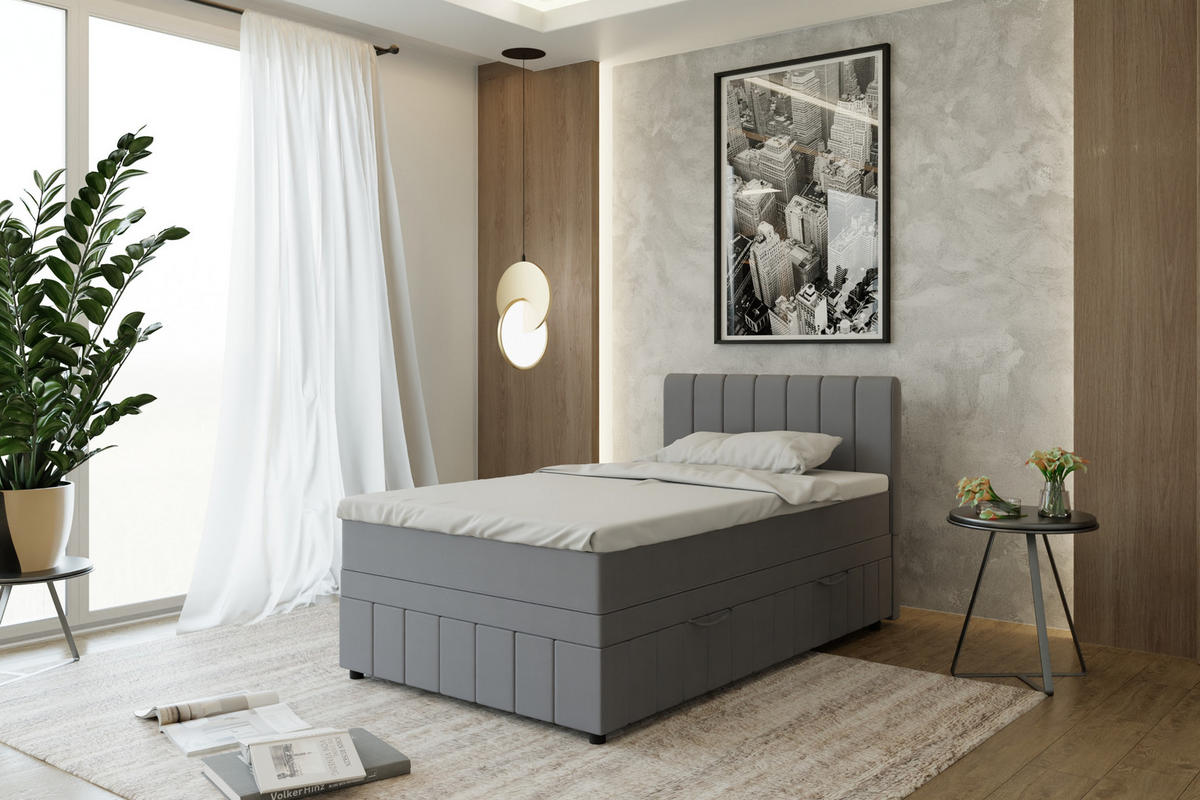 BOXBETT AVALON 120 x 200 cm mit Bettkasten und Topper - Dunkelgrau - Dunkelgrau, Holz - Panda Möbel