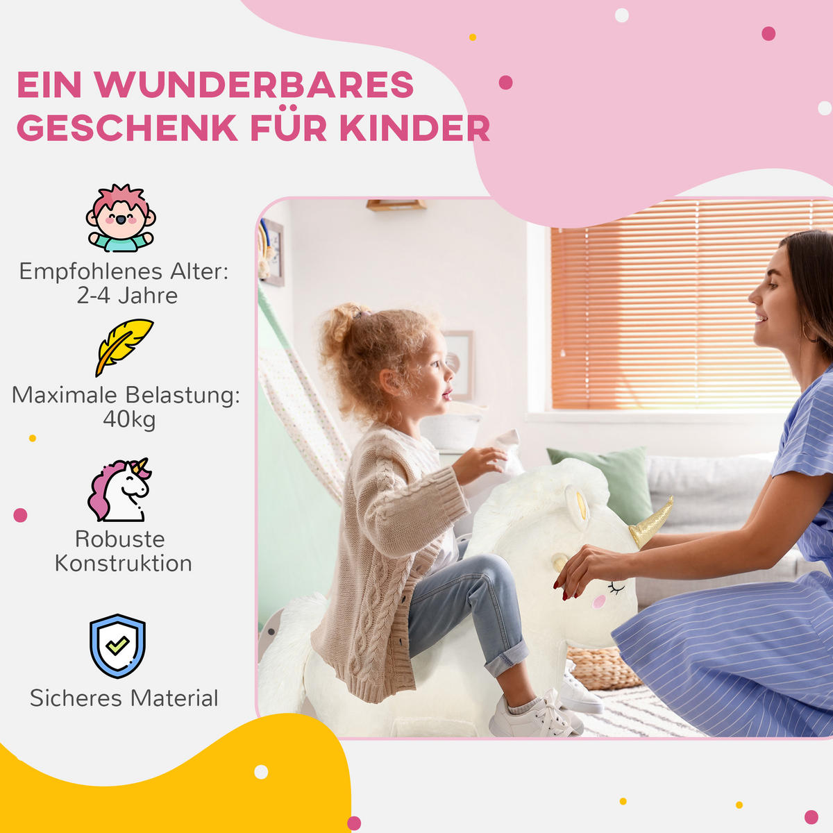 SCHAUKELTIER mit Unicorn Design, Sound, weicher Sitz, für 2-4 Jahre Kinder - Weiß, Textil/Metall (33/56/63cm) - AIYAPLAY
