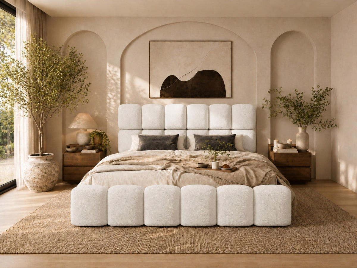 POLSTERBETT TESSA 140x200 cm in Weiß, gepolstertes Kopfteil, Metalllattenrost, Bettkasten, Bouclé-Stoff - Weiß, Holz/Textil (140/200cm) - EMLAR Home